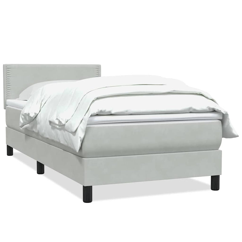 Pat box spring cu saltea, gri deschis, 90x220 cm, catifea