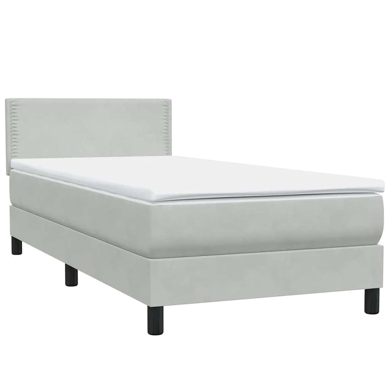 Pat box spring cu saltea, gri deschis, 90x220 cm, catifea