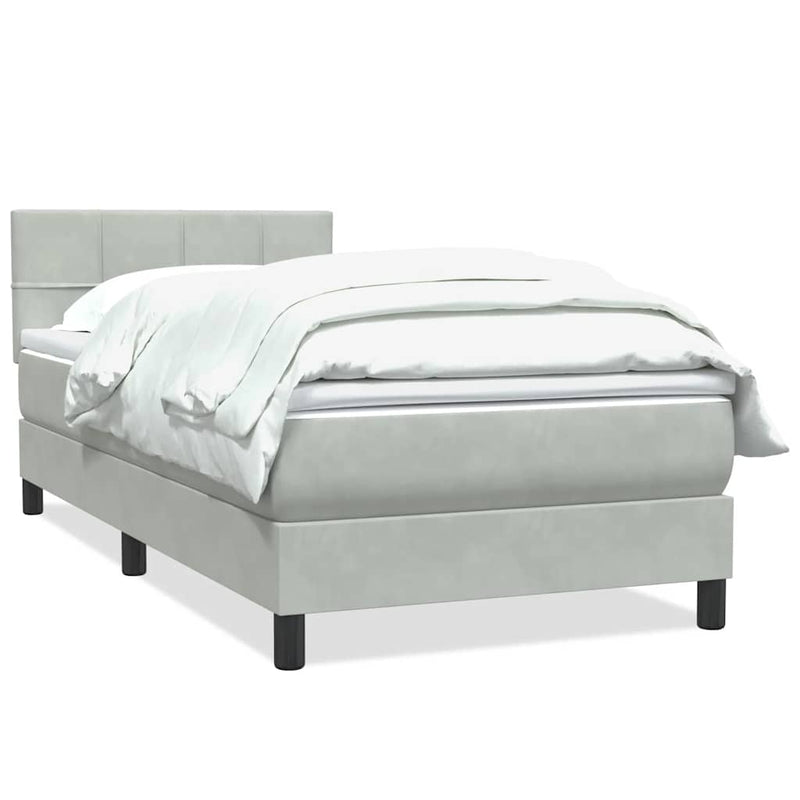 Pat box spring cu saltea, gri deschis, 90x220 cm, catifea