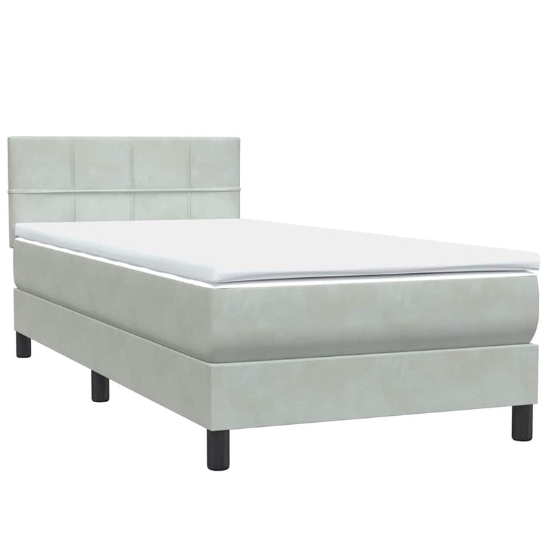 Pat box spring cu saltea, gri deschis, 90x220 cm, catifea