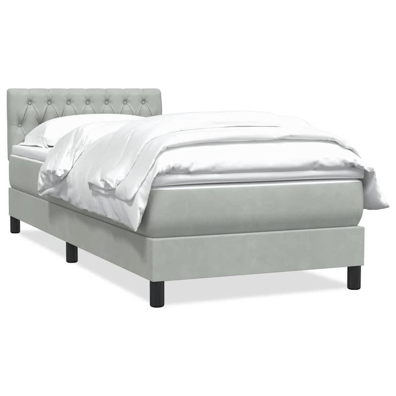Pat box spring cu saltea, gri deschis, 80x220 cm, catifea