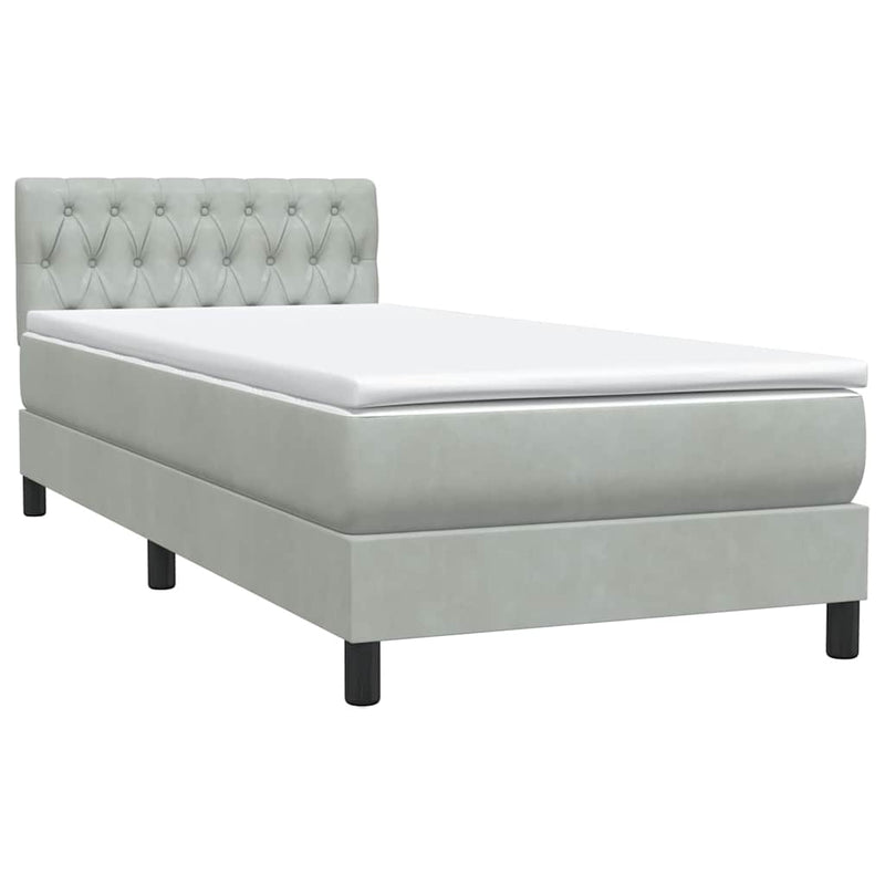 Pat box spring cu saltea, gri deschis, 80x220 cm, catifea