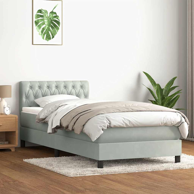 Pat box spring cu saltea, gri deschis, 80x220 cm, catifea