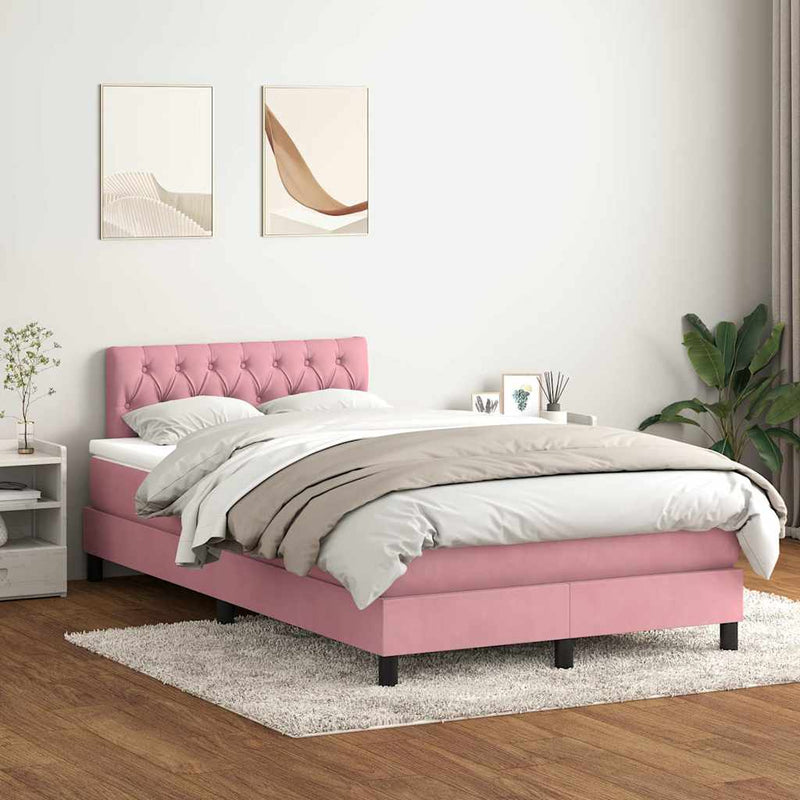 Pat box spring cu saltea, roz, 120x220 cm, catifea