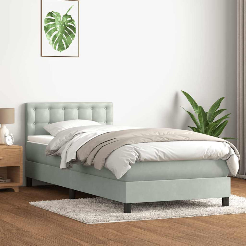 Pat box spring cu saltea, gri deschis, 80x210 cm, catifea