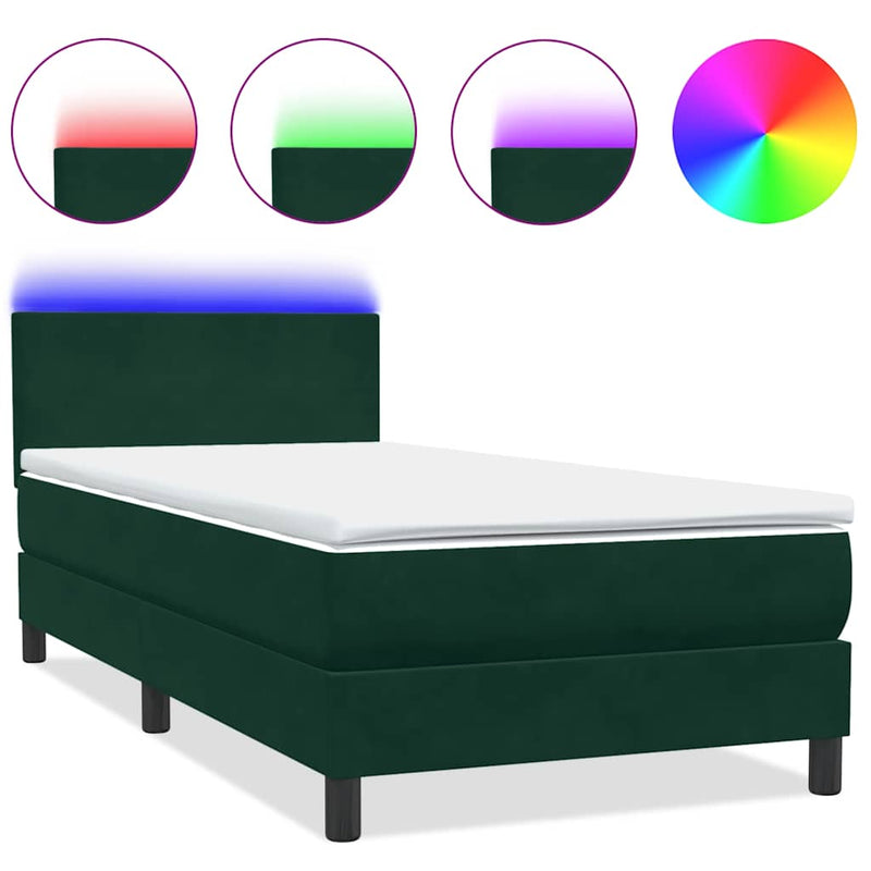 Pat cu arcuri cu saltea și LED, verde închis, 80x220 cm, catifea