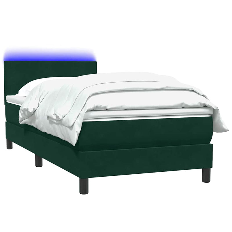 Pat cu arcuri cu saltea și LED, verde închis, 80x220 cm, catifea