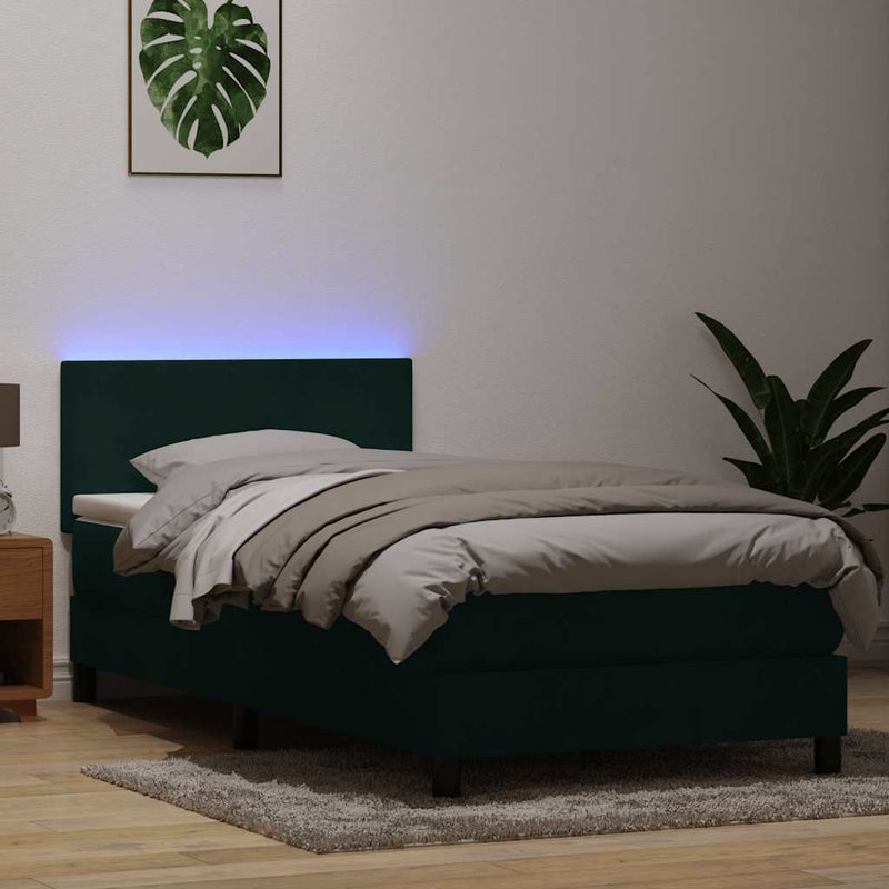 Pat cu arcuri cu saltea și LED, verde închis, 80x220 cm, catifea