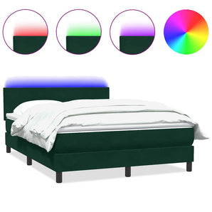 Pat cu arcuri cu saltea și LED, verde închis, 160x220 cm, catifea