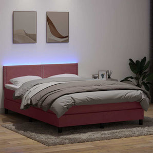 Pat cu arcuri cu saltea și LED, roz, 160x210 cm, catifea