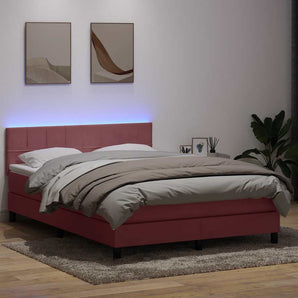 Pat cu arcuri cu saltea și LED, roz, 160x210 cm, catifea
