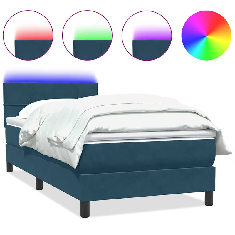 Pat cu arcuri cu saltea și LED, albastru închis, 80x220 cm, catifea