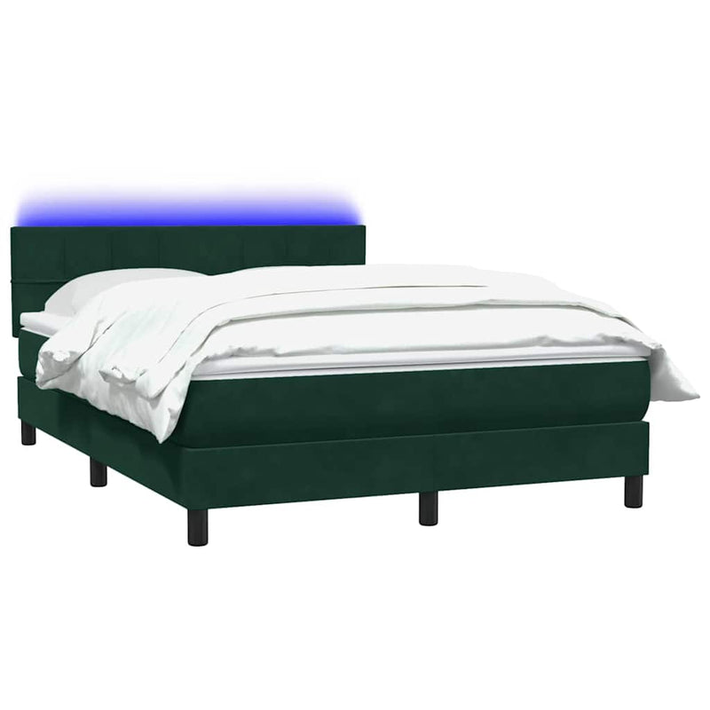 Pat cu arcuri cu saltea și LED, verde închis, 160x220 cm, catifea