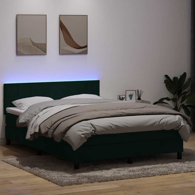 Pat cu arcuri cu saltea și LED, verde închis, 160x220 cm, catifea
