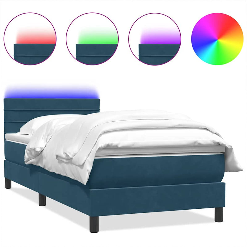 Pat cu arcuri cu saltea și LED, albastru închis, 80x220 cm, catifea
