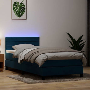 Pat cu arcuri cu saltea și LED, albastru închis, 80x220 cm, catifea