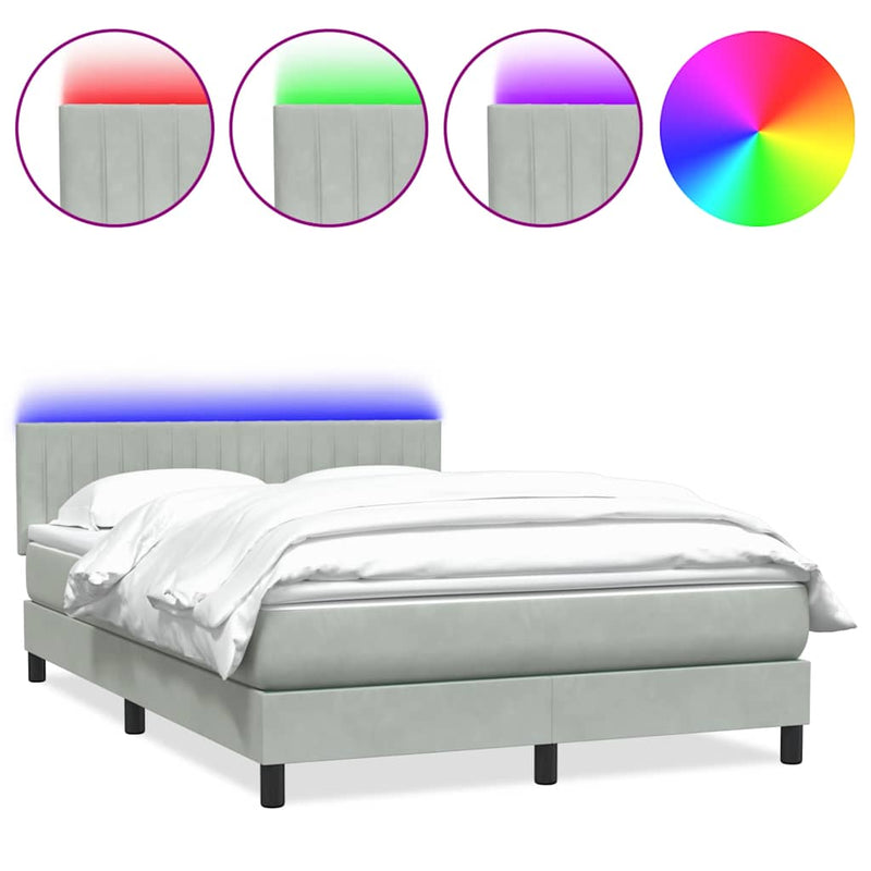 Pat cu arcuri cu saltea și LED, gri deschis, 160x210 cm, catifea