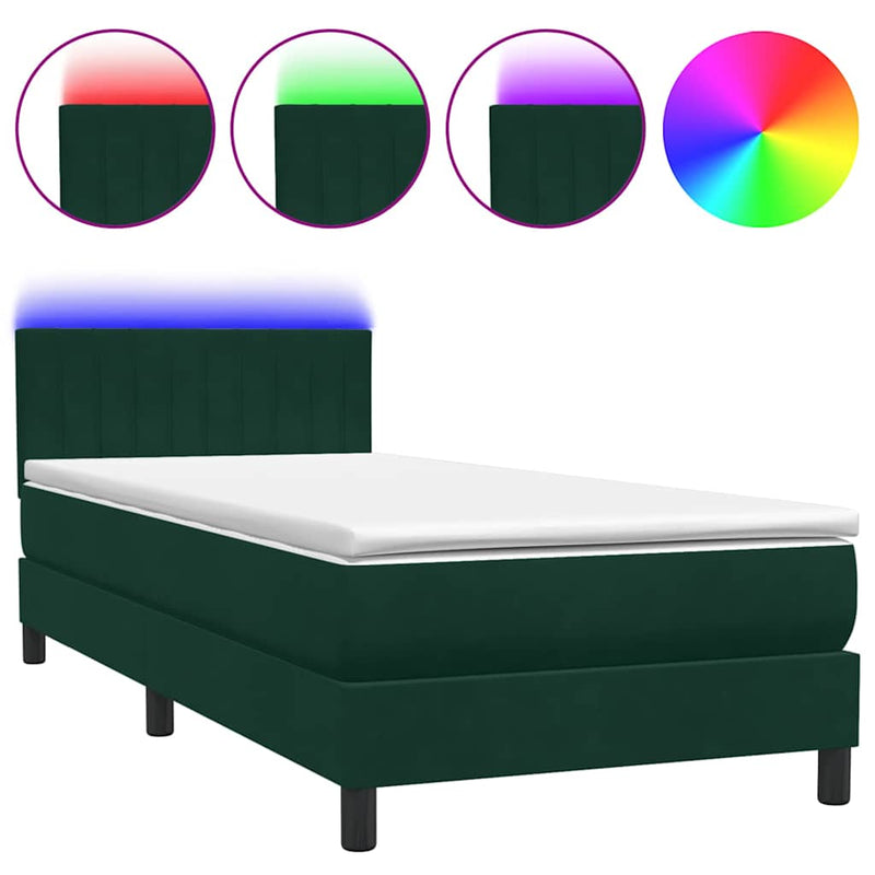 Pat cu arcuri cu saltea și LED, verde închis, 80x220 cm, catifea