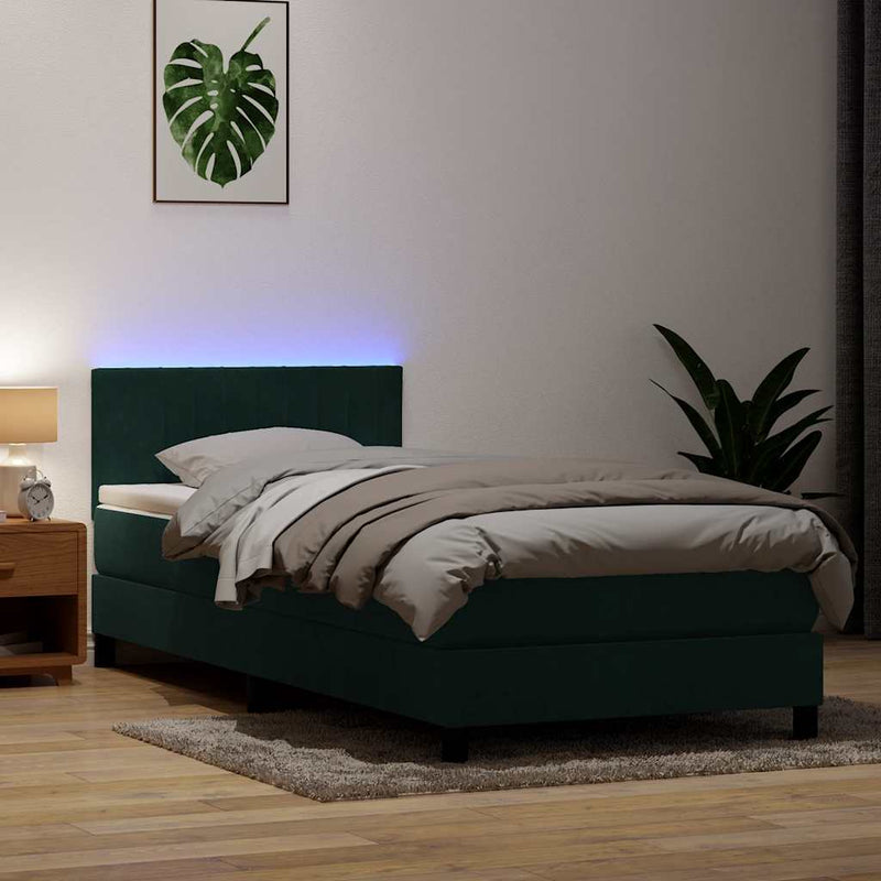Pat cu arcuri cu saltea și LED, verde închis, 80x220 cm, catifea