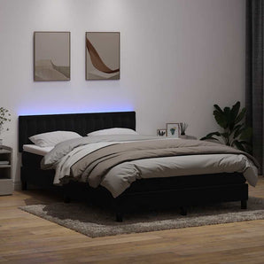 Pat cu arcuri cu saltea și LED, negru, 160x210 cm, catifea