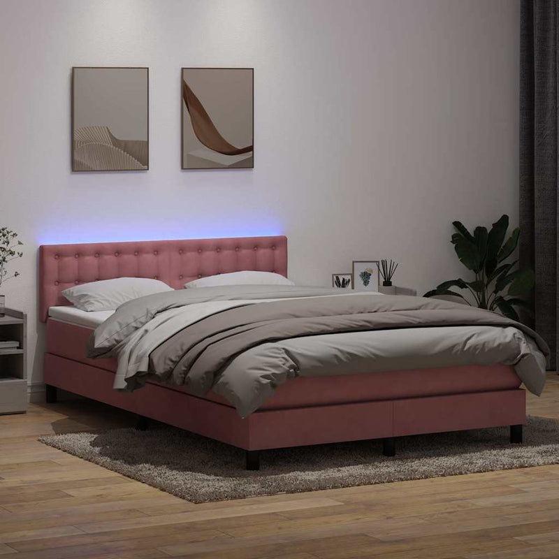 Pat cu arcuri cu saltea și LED, roz, 140x220 cm, catifea