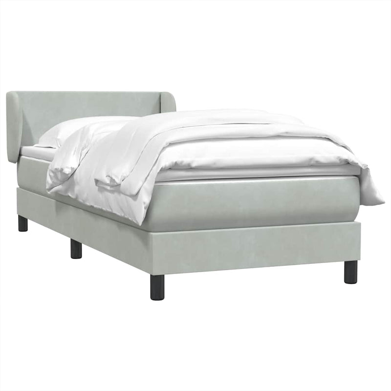 Pat box spring cu saltea, gri deschis, 90x220 cm, catifea
