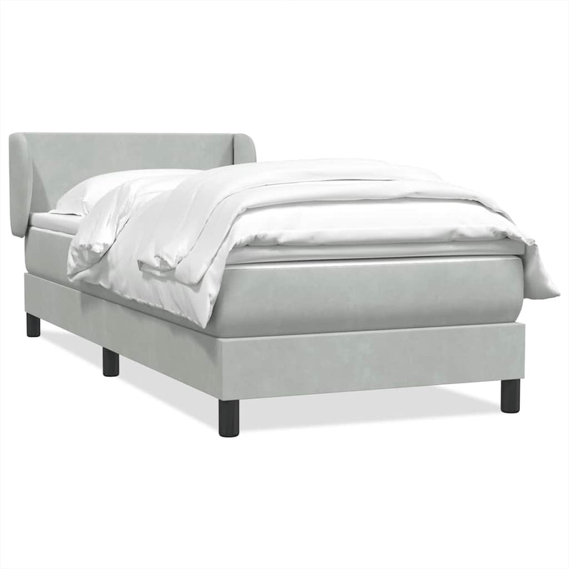 Pat box spring cu saltea, gri deschis, 90x220 cm, catifea