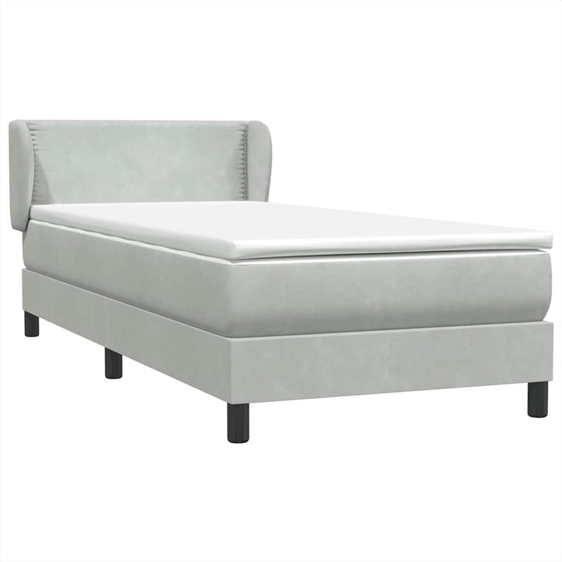 Pat box spring cu saltea, gri deschis, 90x220 cm, catifea