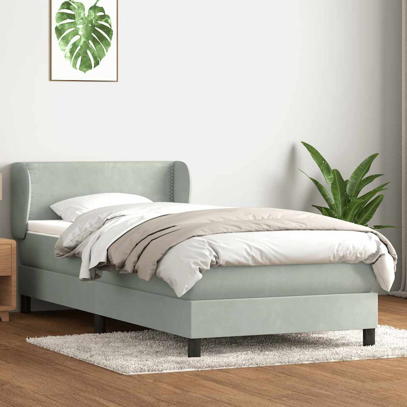 Pat box spring cu saltea, gri deschis, 90x220 cm, catifea
