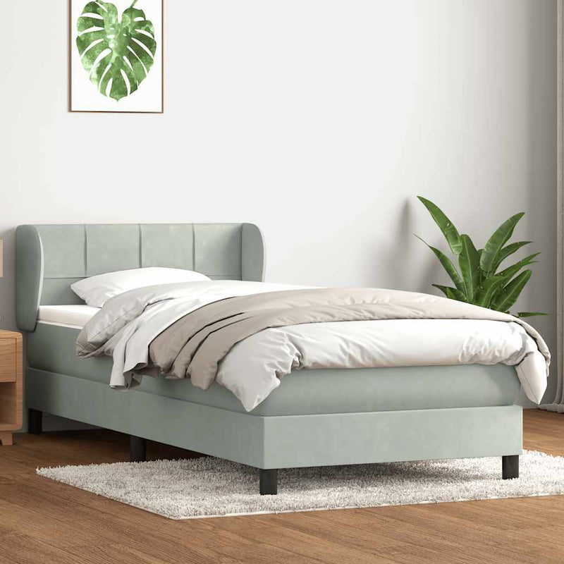 Pat box spring cu saltea, gri deschis, 80x220 cm, catifea