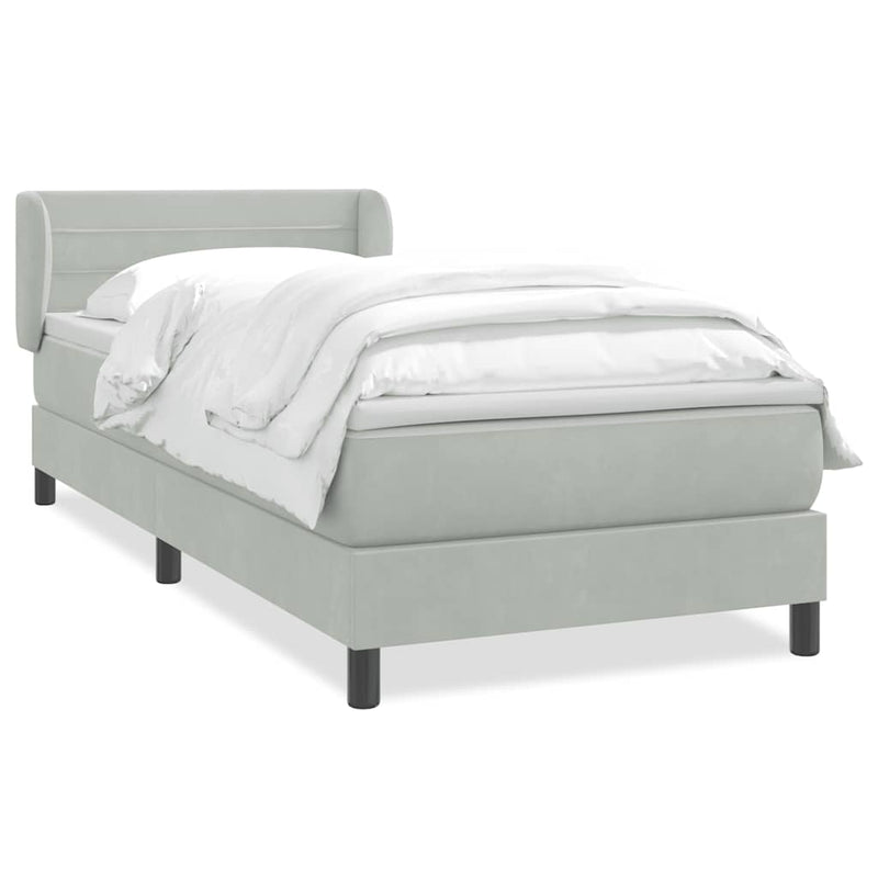Pat box spring cu saltea, gri deschis, 90x220 cm, catifea