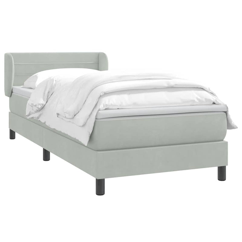 Pat box spring cu saltea, gri deschis, 90x220 cm, catifea