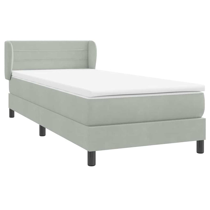 Pat box spring cu saltea, gri deschis, 90x220 cm, catifea