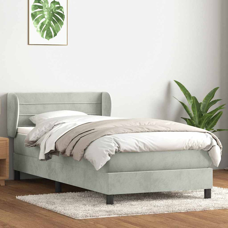 Pat box spring cu saltea, gri deschis, 90x220 cm, catifea