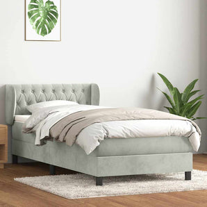 Pat box spring cu saltea, gri deschis, 90x220 cm, catifea