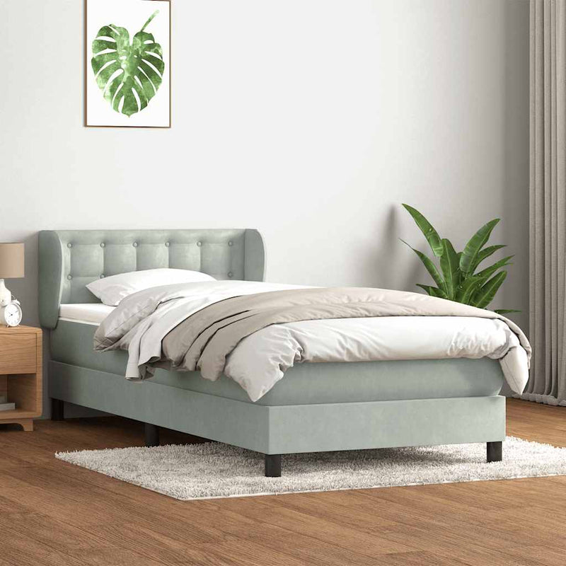 Pat box spring cu saltea, gri deschis, 80x210 cm, catifea