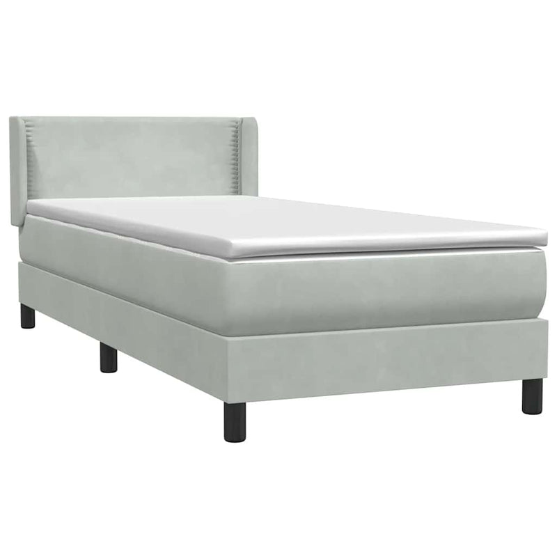 Pat box spring cu saltea, gri deschis, 90x220 cm, catifea