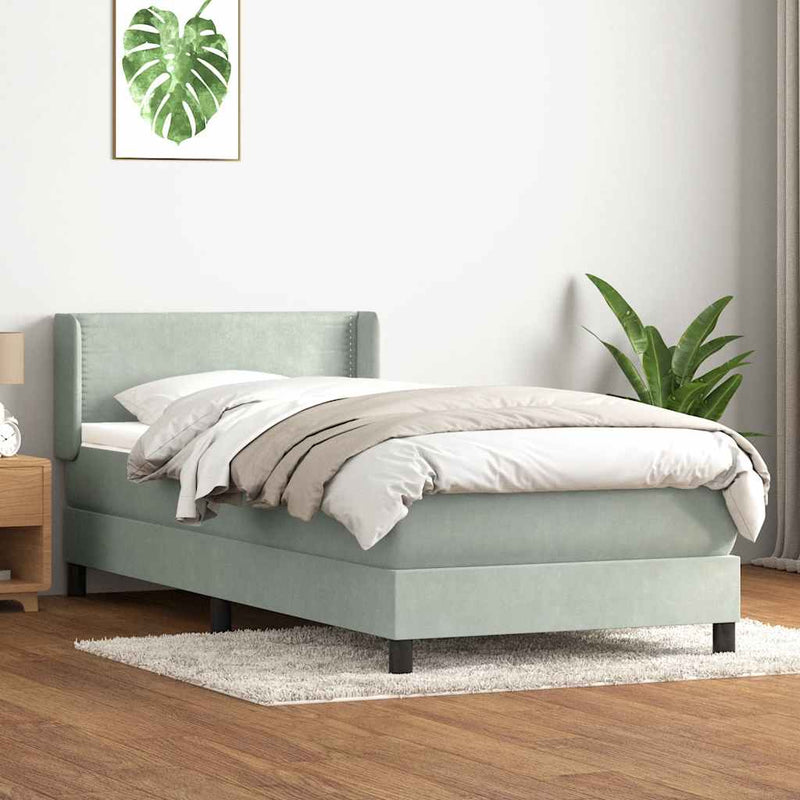 Pat box spring cu saltea, gri deschis, 90x220 cm, catifea