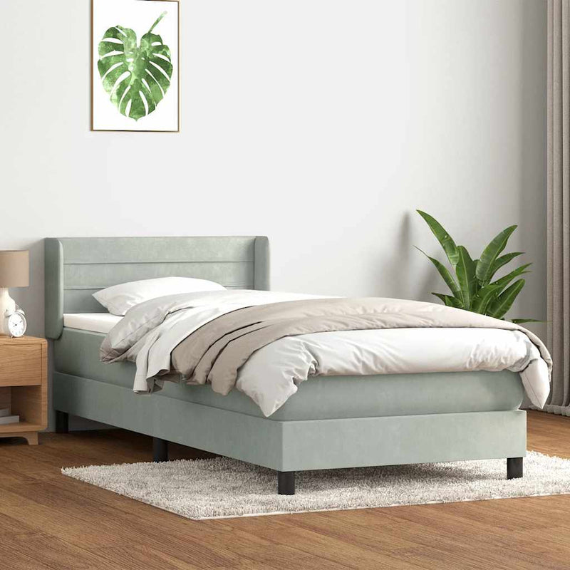 Pat box spring cu saltea, gri deschis, 80x220 cm, catifea