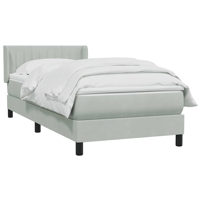 Pat box spring cu saltea, gri deschis, 90x220 cm, catifea