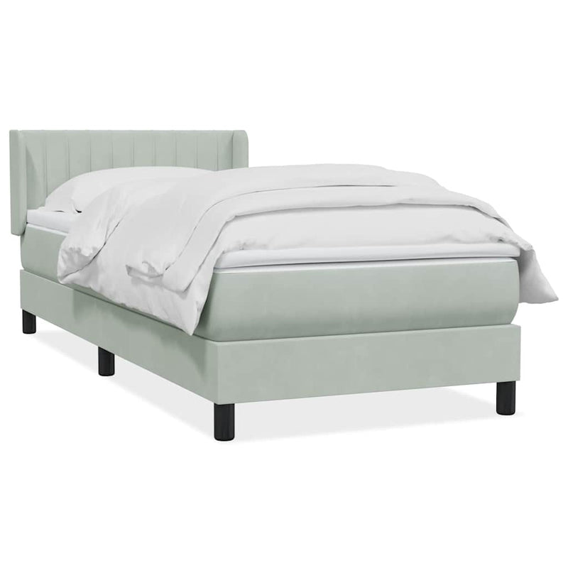 Pat box spring cu saltea, gri deschis, 90x220 cm, catifea