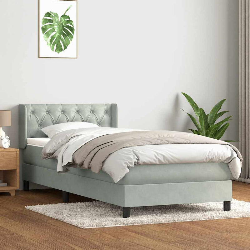 Pat box spring cu saltea, gri deschis, 80x210 cm, catifea