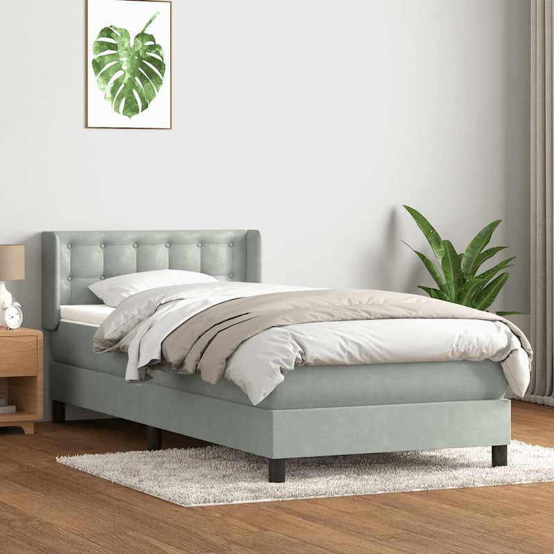 Pat box spring cu saltea, gri deschis, 80x220 cm, catifea