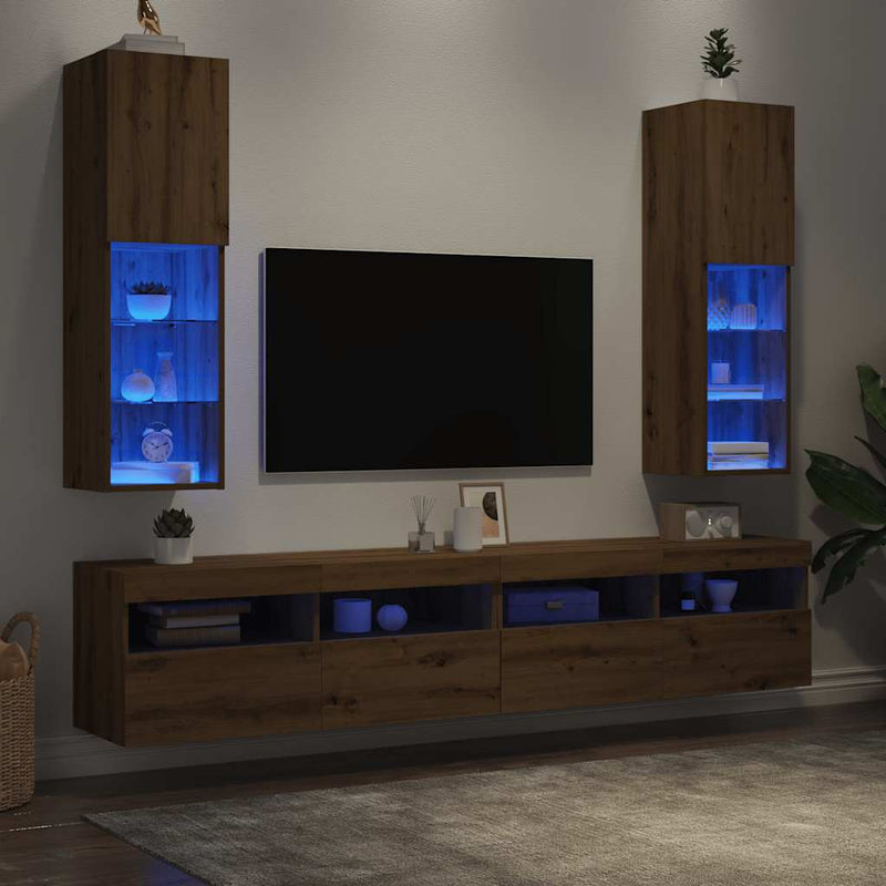 Comode TV cu lumini LED 2 buc. stejar artizanal 30,5x30x102 cm