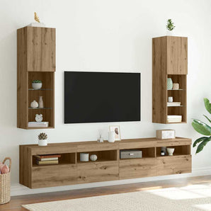 Comode TV cu lumini LED 2 buc. stejar artizanal 30,5x30x102 cm