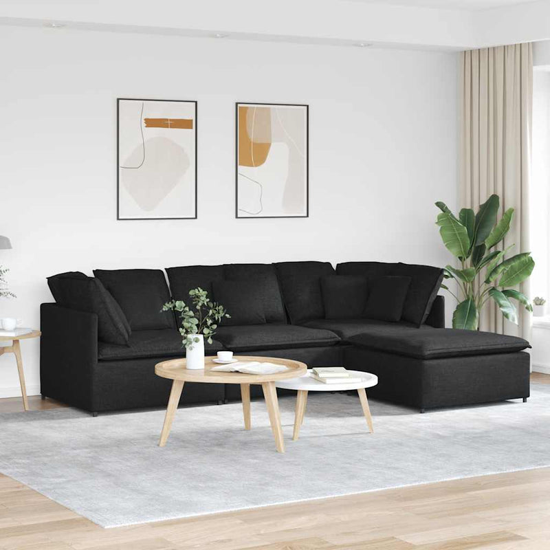 Canapea modulară cu taburet și perne, material textil, negru