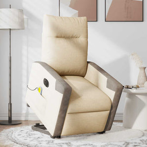 Fotoliu electric de masaj rabatabil cu ridicare, crem, textil