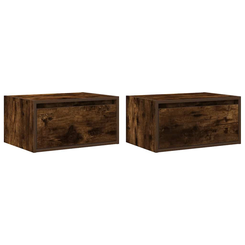 Noptiere montate pe perete cu lumini LED, 2 buc.,stejar fumuriu