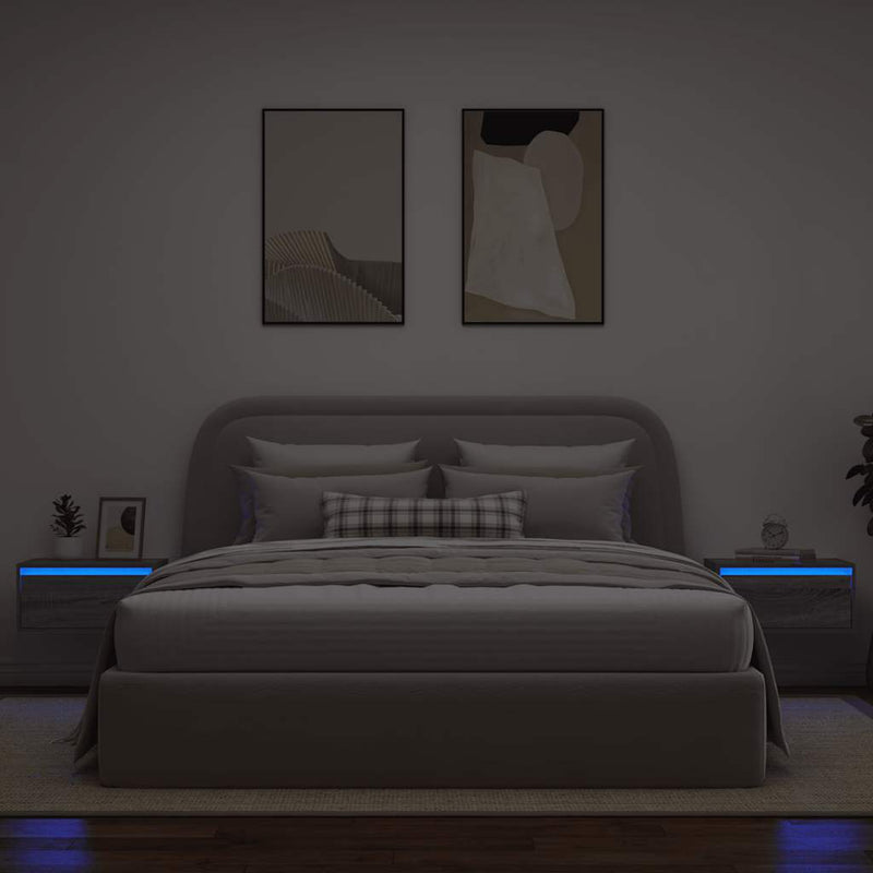 Noptiere montate pe perete cu lumini LED, 2 buc., sonoma gri