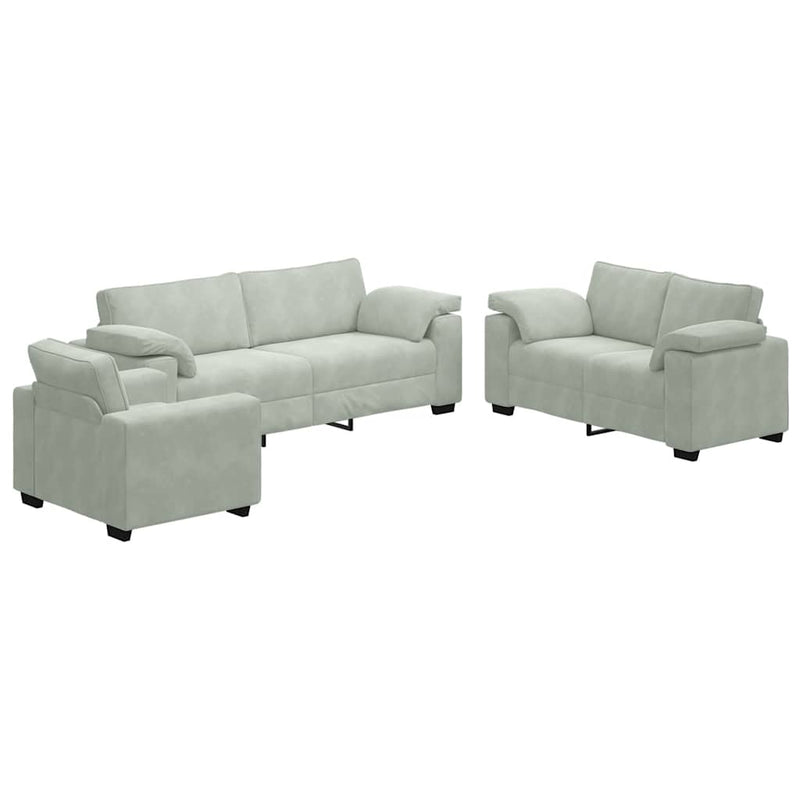 Set de canapele cu perne, 3 piese, gri deschis, catifea